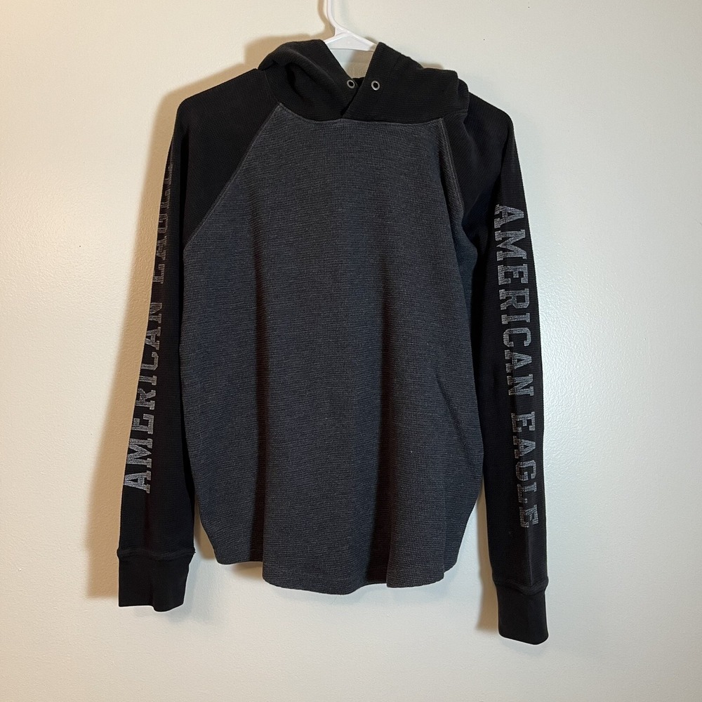 AMERICAN EAGLE Logo Y2K‎  Hoodie Mens  Black Gray Spellout Thermal  Sz S
